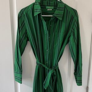 Clare V green with navy stripe shirt dress